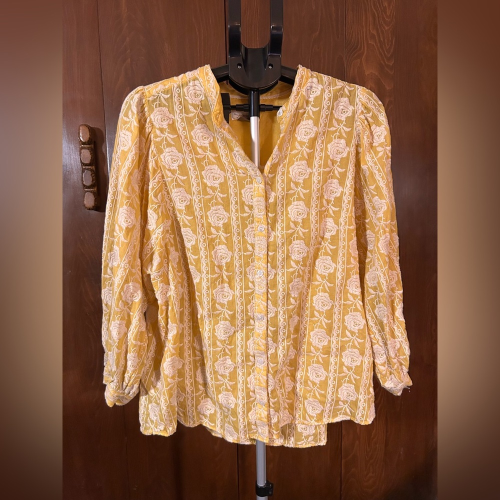 Pilcro for Anthropologie - Sheer Yellow Floaty Embroidered Buttoned Blouse